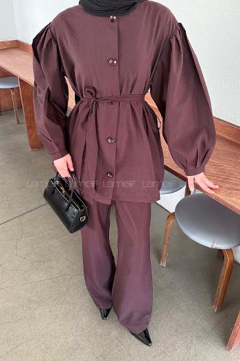 Lamelif Bağlama Detaylı Düğmeli Takım Mürdüm