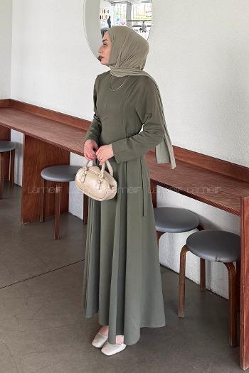 Lamelif Bel Kemer Detaylı Tesettür Elbise Haki