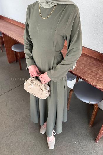 Lamelif Bel Kemer Detaylı Tesettür Elbise Haki