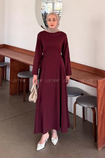 Lamelif Bel Kemer Detaylı Tesettür Elbise Mürdüm