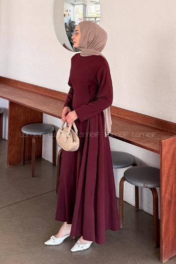 Lamelif Bel Kemer Detaylı Tesettür Elbise Mürdüm