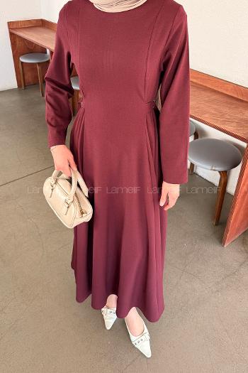 Lamelif Bel Kemer Detaylı Tesettür Elbise Mürdüm