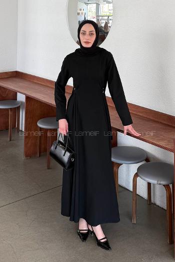 Lamelif Bel Kemer Detaylı Tesettür Elbise Siyah