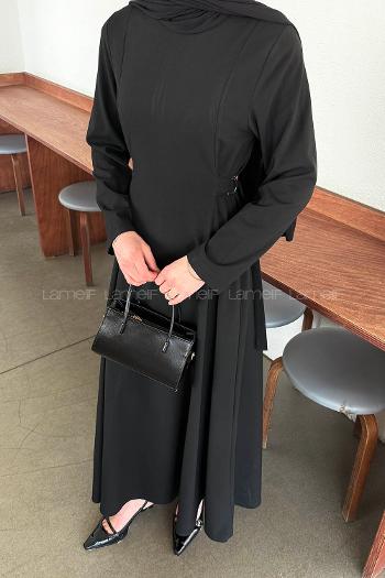 Lamelif Bel Kemer Detaylı Tesettür Elbise Siyah