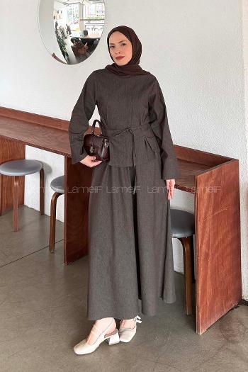 Bitter Brown Crew Neck Long Arm Denim Flare Suit