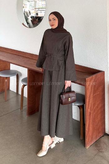 Bitter Brown Crew Neck Long Arm Denim Flare Suit