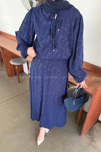 Lamelif Desenli Bağlama Detaylı Etekli Takım Lacivert