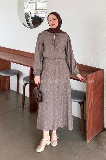 Lamelif Desenli Bağlama Detaylı Etekli Takım Vizonrengi