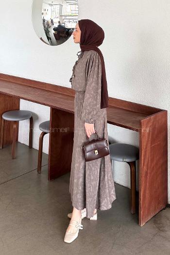 Lamelif Desenli Bağlama Detaylı Etekli Takım Vizonrengi