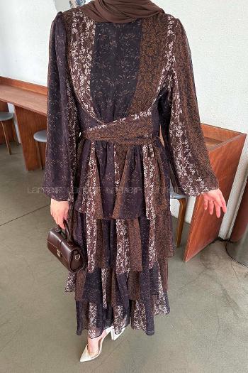 Lamelif Etnik Desen Katlı Elbise Acı Kahve