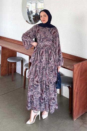 Claret Red Crew Neck Crepe Fabric Printed Dresess