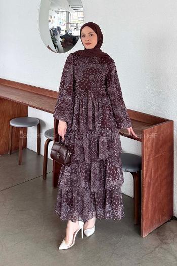 Lamelif Etnik Desen Katlı Elbise Kahverengi