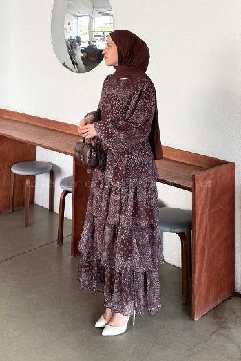 Lamelif Etnik Desen Katlı Elbise Kahverengi