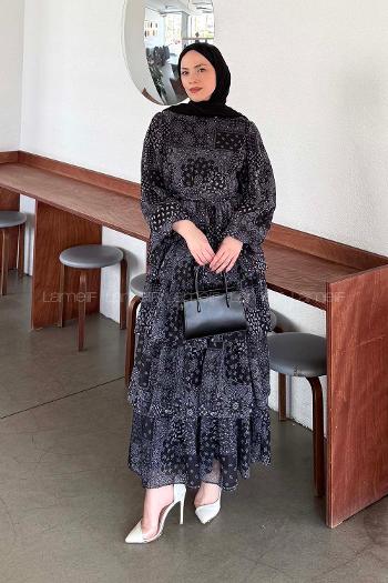 Lamelif Etnik Desen Katlı Elbise Siyah