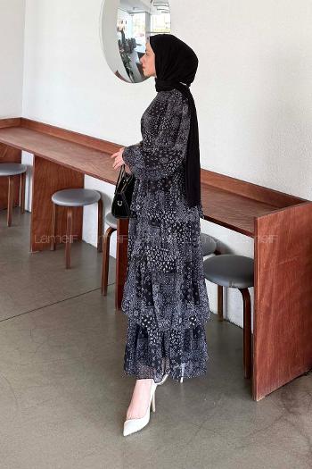 Lamelif Etnik Desen Katlı Elbise Siyah