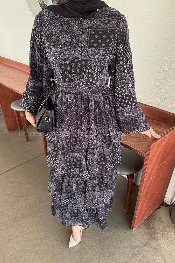 Lamelif Etnik Desen Katlı Elbise Siyah