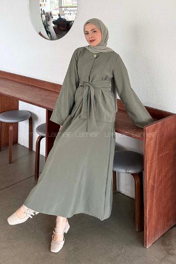 Lamelif Gold Düğmeli Etekli Takım Haki