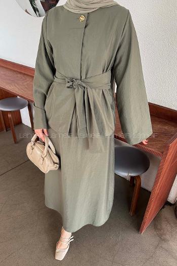 Lamelif Gold Düğmeli Etekli Takım Haki