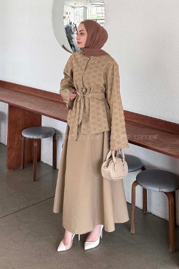 Lamelif Kabartma Nakış İşlemeli Takım Sütlü Kahve