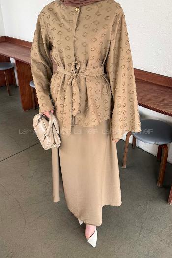 Lamelif Kabartma Nakış İşlemeli Takım Sütlü Kahve