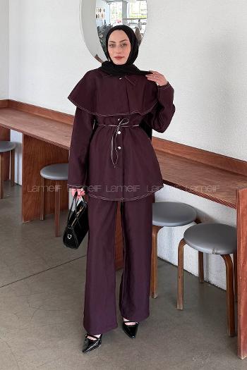 Lamelif Pelerin Detaylı Kontrast Dikişli Takım Mürdüm