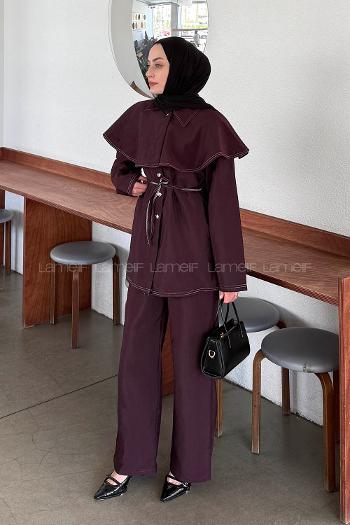Lamelif Pelerin Detaylı Kontrast Dikişli Takım Mürdüm