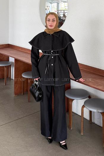 Lamelif Pelerin Detaylı Kontrast Dikişli Takım Siyah