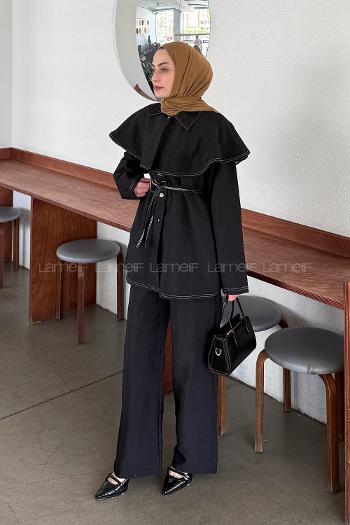 Lamelif Pelerin Detaylı Kontrast Dikişli Takım Siyah