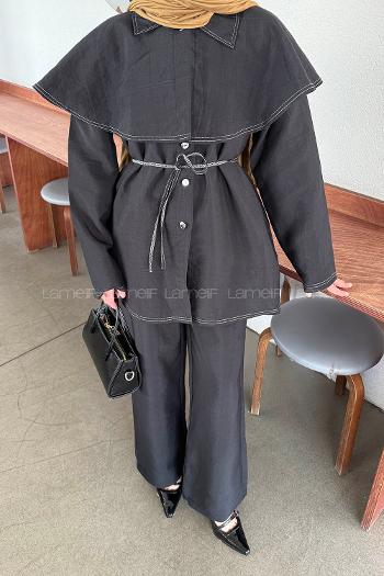 Lamelif Pelerin Detaylı Kontrast Dikişli Takım Siyah