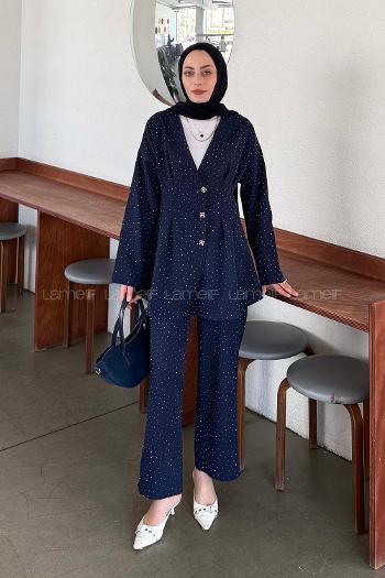 Navy Blue V Neck Long Arm Cotton Regular Trousers Comfortable Suit