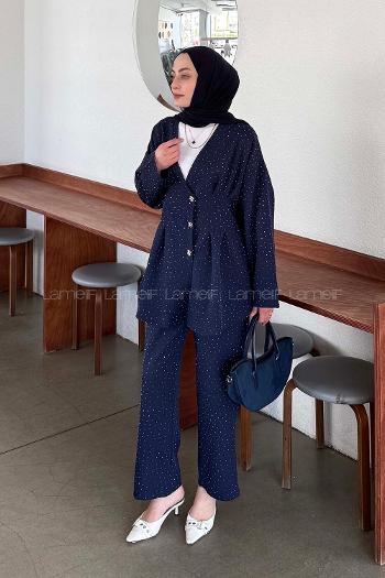 Navy Blue V Neck Long Arm Cotton Regular Trousers Comfortable Suit