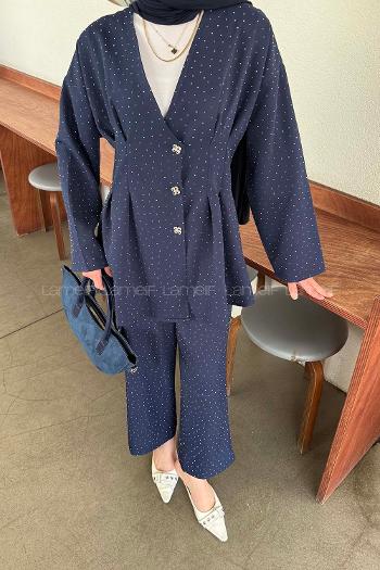 Navy Blue V Neck Long Arm Cotton Regular Trousers Comfortable Suit