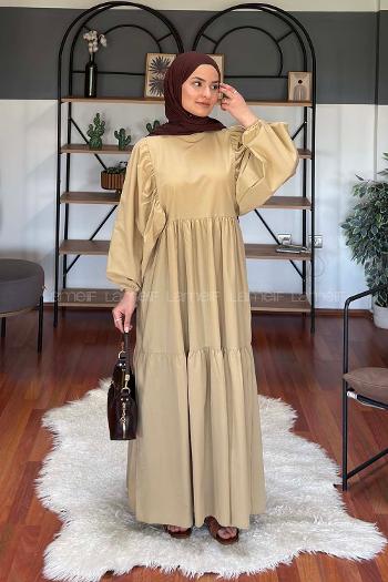 Lamelif Balon Kol Katlı Tesettür Elbise Taş Rengi