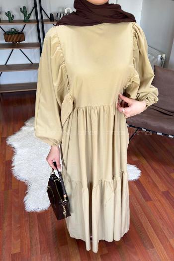 Lamelif Balon Kol Katlı Tesettür Elbise Taş Rengi