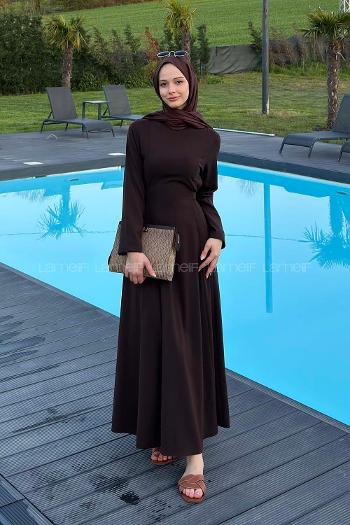 Lamelif Bel Kemer Detaylı Tesettür Elbise Acı Kahve