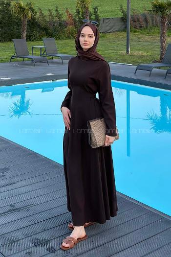 Lamelif Bel Kemer Detaylı Tesettür Elbise Acı Kahve