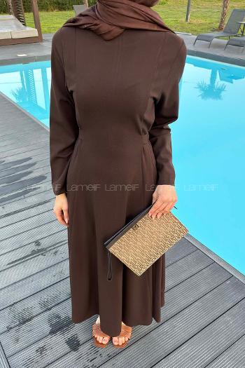 Lamelif Bel Kemer Detaylı Tesettür Elbise Acı Kahve