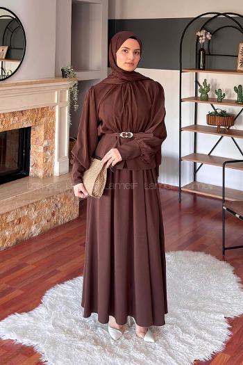 Lamelif Büzgü Detaylı Kemerli Etekli Takım Acı Kahve