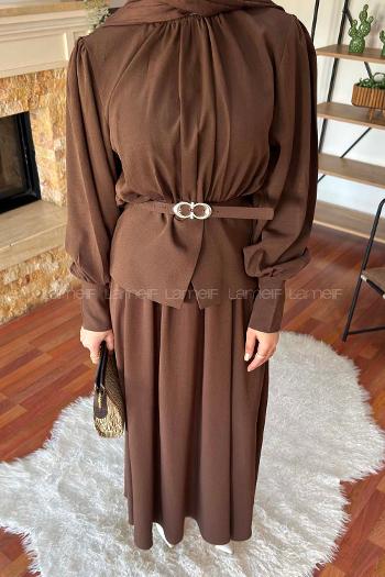 Lamelif Büzgü Detaylı Kemerli Etekli Takım Acı Kahve