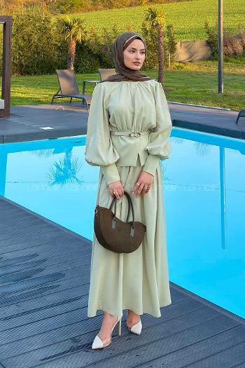 Lamelif Büzgü Detaylı Kemerli Etekli Takım Mint Yeşili
