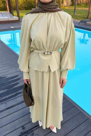 Lamelif Büzgü Detaylı Kemerli Etekli Takım Mint Yeşili