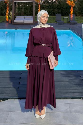 Lamelif Büzgü Detaylı Kemerli Etekli Takım Mürdüm