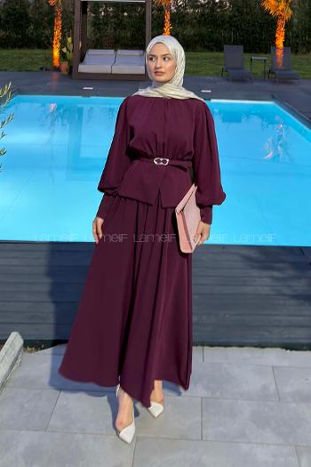 Lamelif Büzgü Detaylı Kemerli Etekli Takım Mürdüm