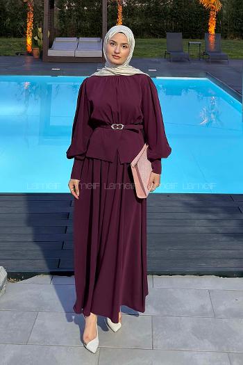 Lamelif Büzgü Detaylı Kemerli Etekli Takım Mürdüm