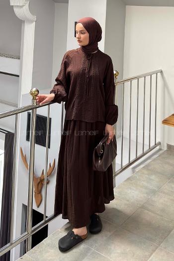 Bitter Brown Crew Neck Long Arm Viscose Fabric Flare Suit