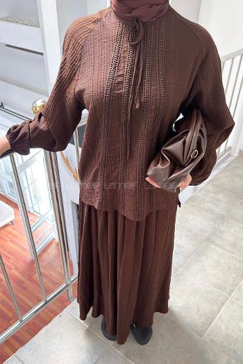 Bitter Brown Crew Neck Long Arm Viscose Fabric Flare Suit