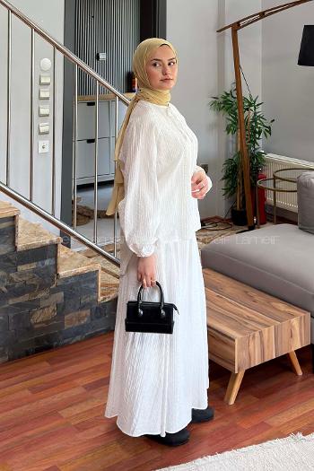 White Crew Neck Long Arm Viscose Fabric Flare Suit