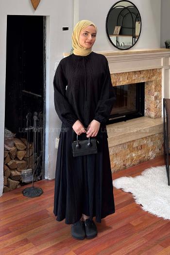 Black Crew Neck Long Arm Viscose Fabric Flare Suit