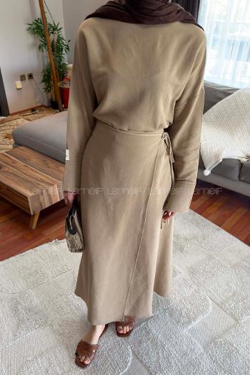Lamelif Eteği Bağlama Detaylı Takım Bej
