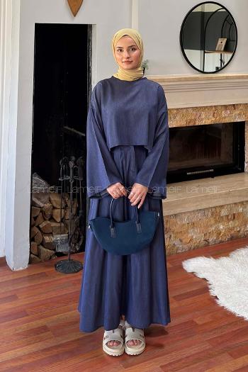 Lamelif Etekli Tesettür Takım Koyu Mavi